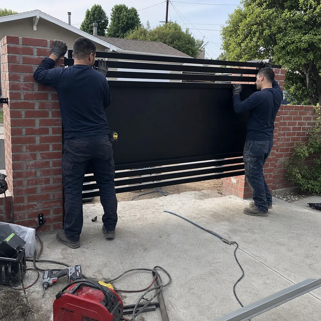 Two professional technicians performing a modern metal driveway gate installation