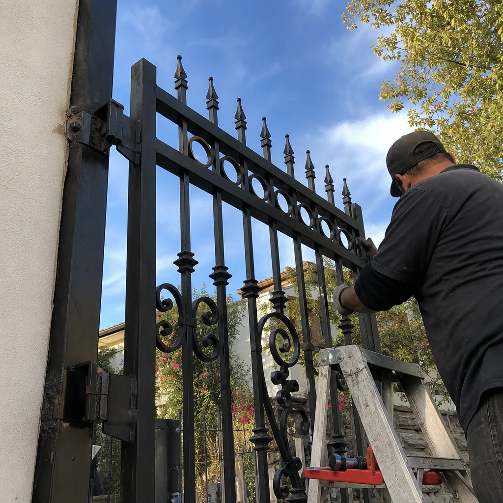 Professional technician performing gate installation and repair work on an iron gate