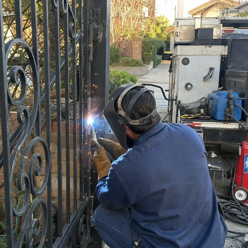 Professional welder performing residential metal gate repair